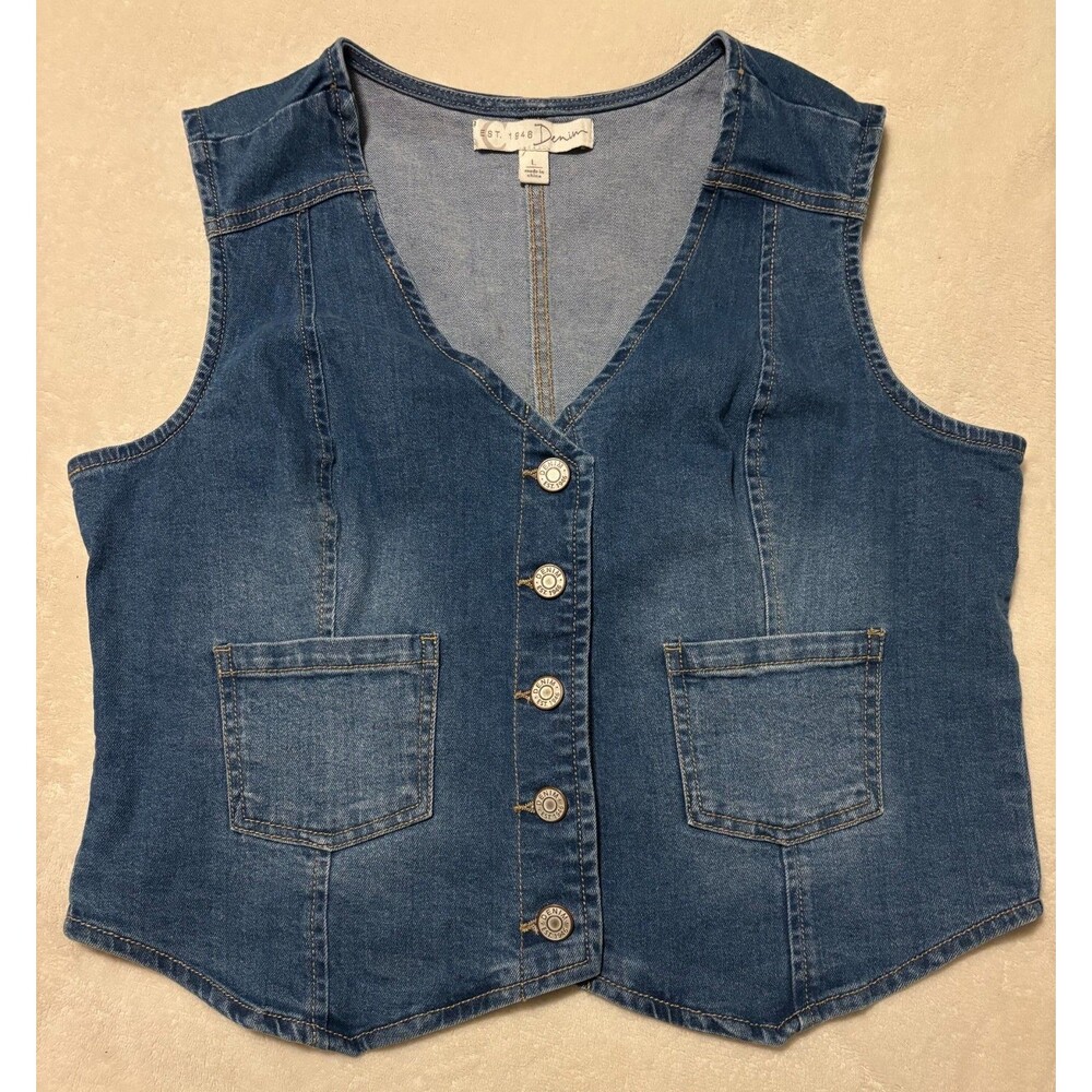 Est 1946 Womens Denim Blue Button Down Vest Patch Pockets Large Western 90s Boho